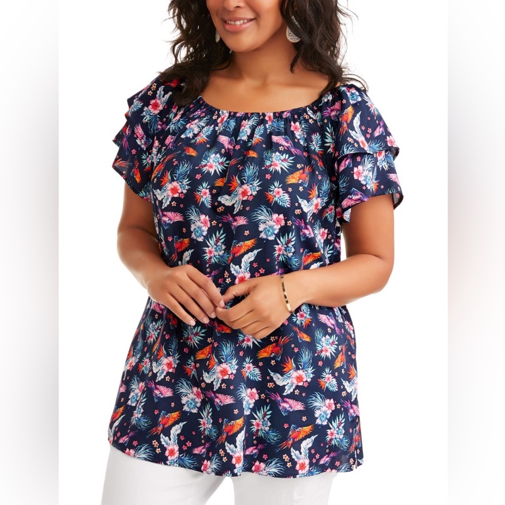 7. Terra & Sky Floral Double Layer Off The Shoulder Sleeve Peasant Top! Size 1X.